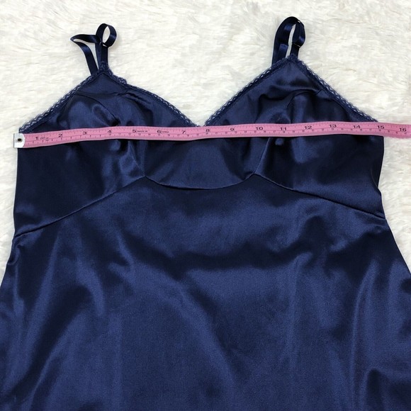 Vintage Vanity Fair Size 34 L Navy Blue Lace Trimmed Silky Satin Full Slip Dress - Picture 5 of 9